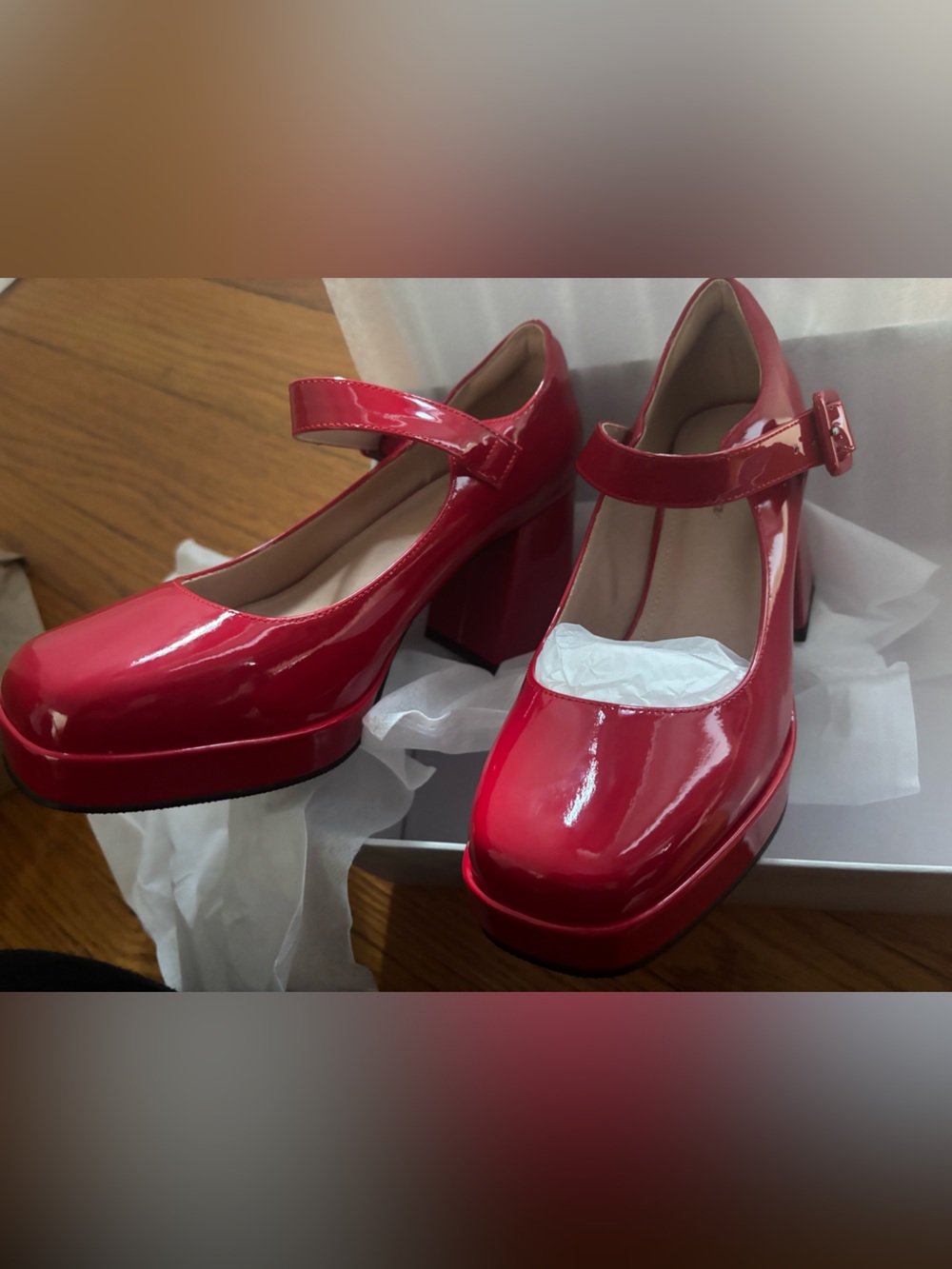 Red Patent Mary Jane Block Heel Pumps - Women